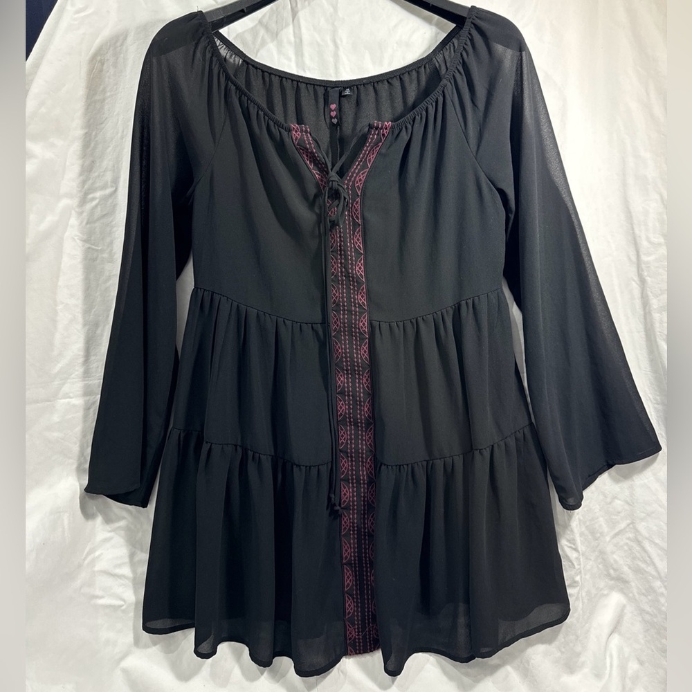 Mini Dress Boho Retro Gypsy Ruffle Long Sleeve Sheer Slip Dress Women’s XS
